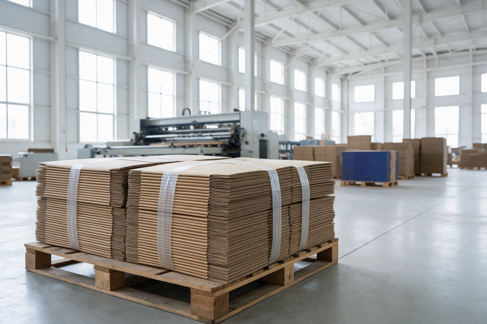 Banded stacks of finished flat-packed kraft boxes inside a corrugated packaging factory