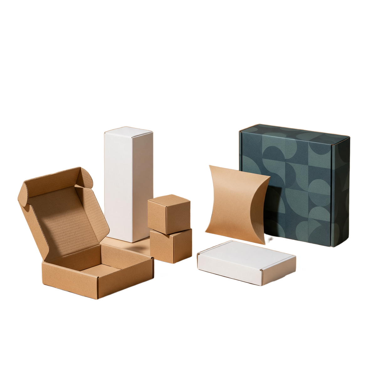 Six packaging formats arranged together: a kraft mailer, a white carton, kraft cubes, a pillow pouch, a white tray and a box printed in a blue geometric pattern