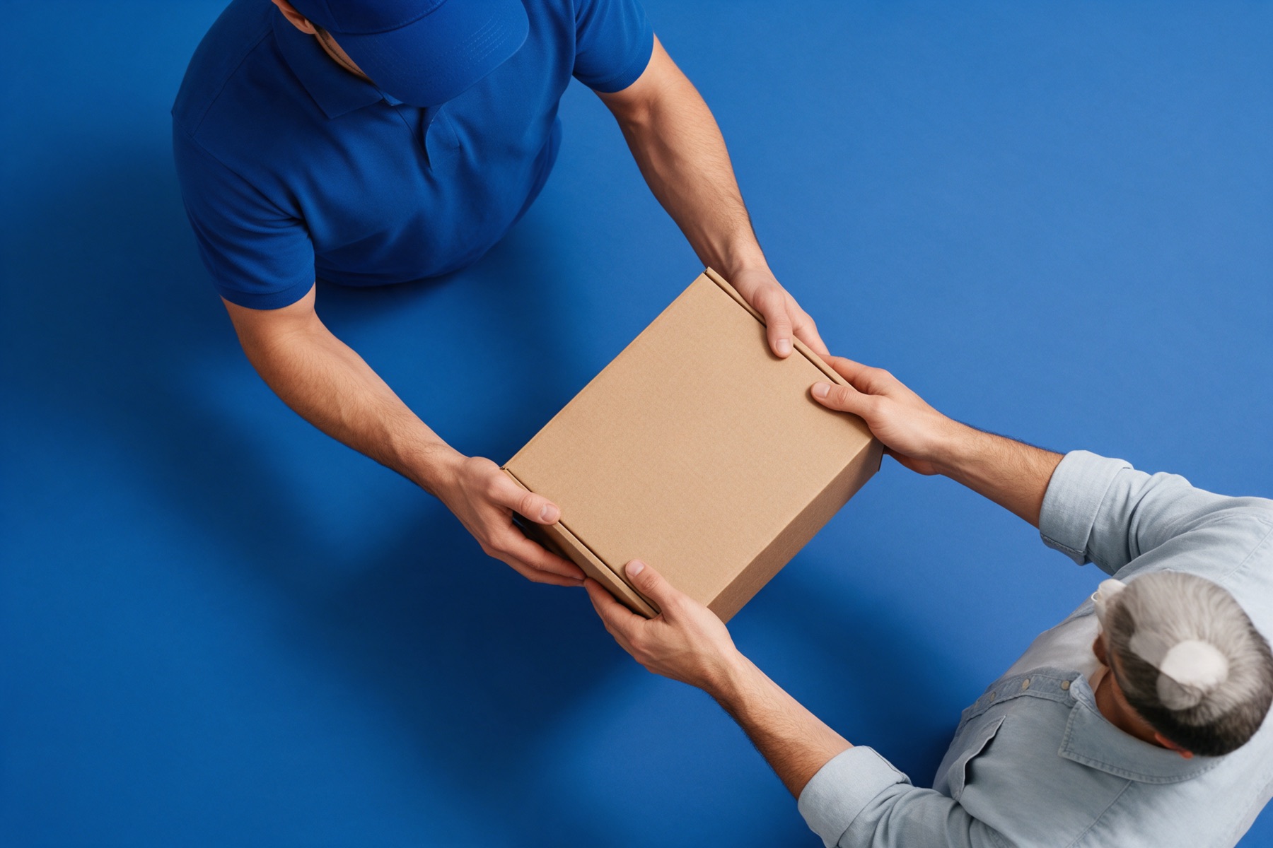 Seen from above, a courier hands a plain kraft mailer box to a small business owner, four hands on the box at the moment of handover