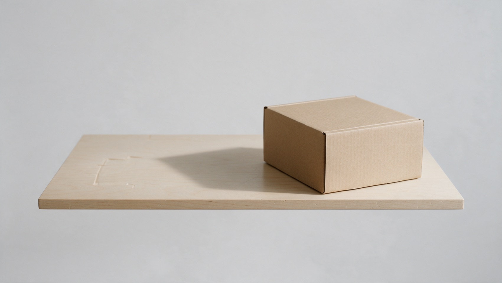 A single kraft mailer box left on an otherwise empty shelf, with a faint impression in the wood where a stack used to sit