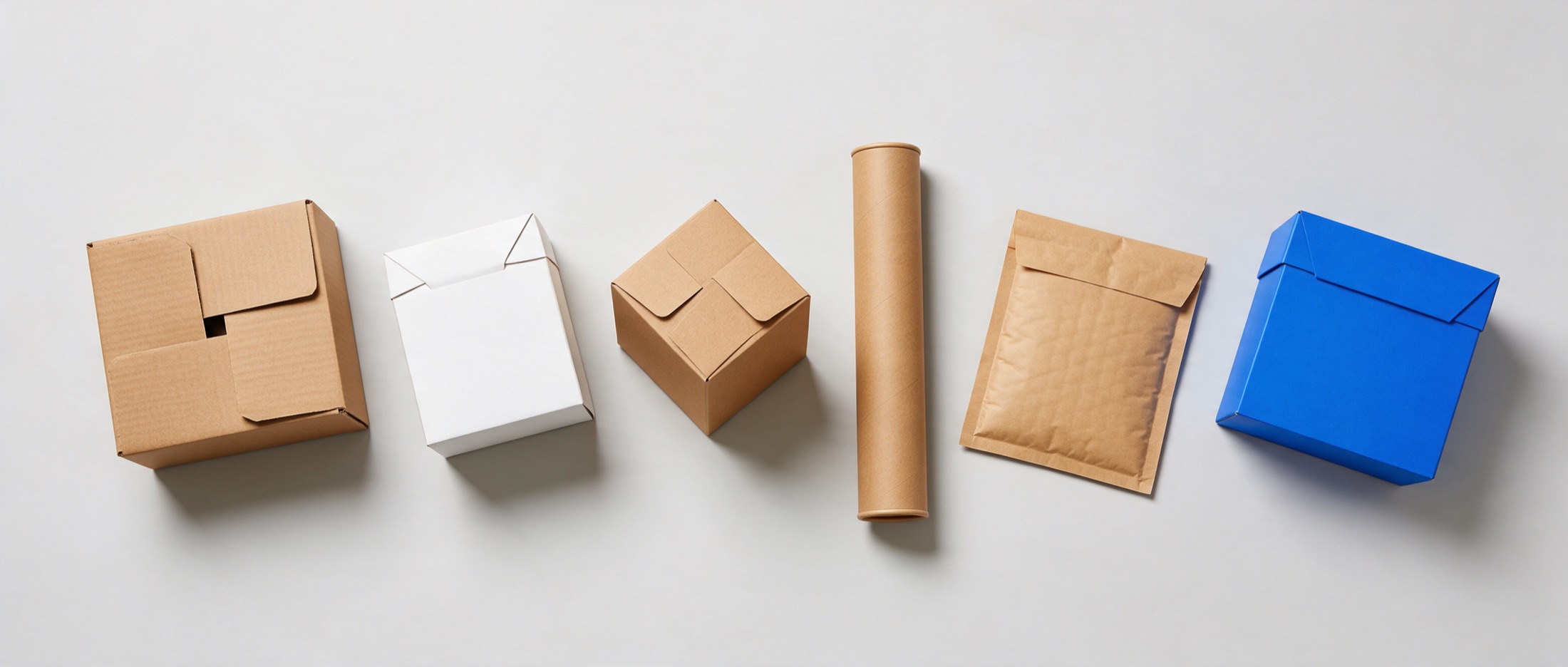 Six ecommerce packaging formats in a row: a kraft mailer, a white carton, a kraft cube, a mailing tube, a padded envelope and a cobalt printed box