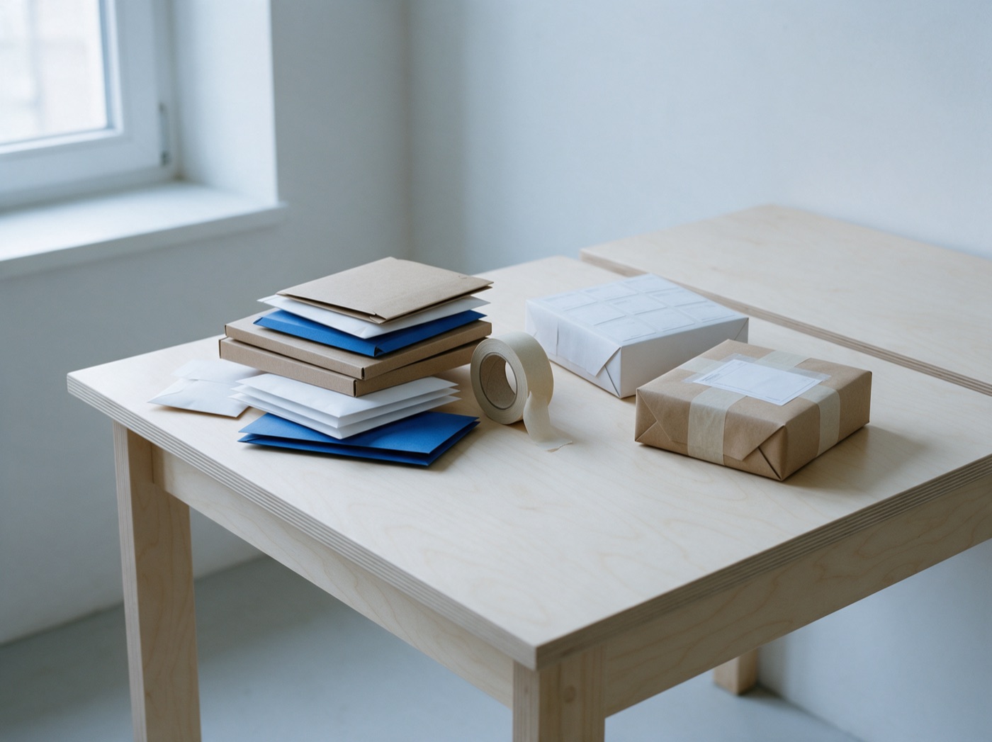 A small ecommerce packing bench with flat mailer boxes in several colours, paper tape and made-up parcels