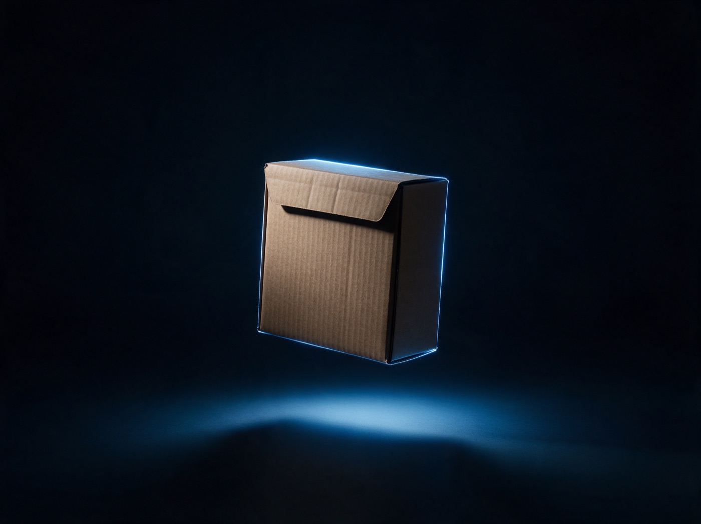 A kraft mailer box lit by a cool blue rim light against deep darkness