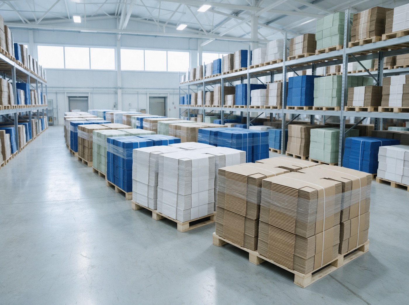 Banded stacks of finished flat-packed boxes on pallets in kraft, white, cobalt and sage
