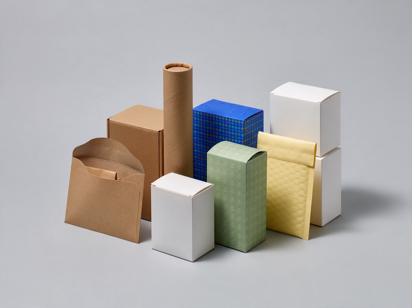 A colourful family of ecommerce packaging arranged as a cluster