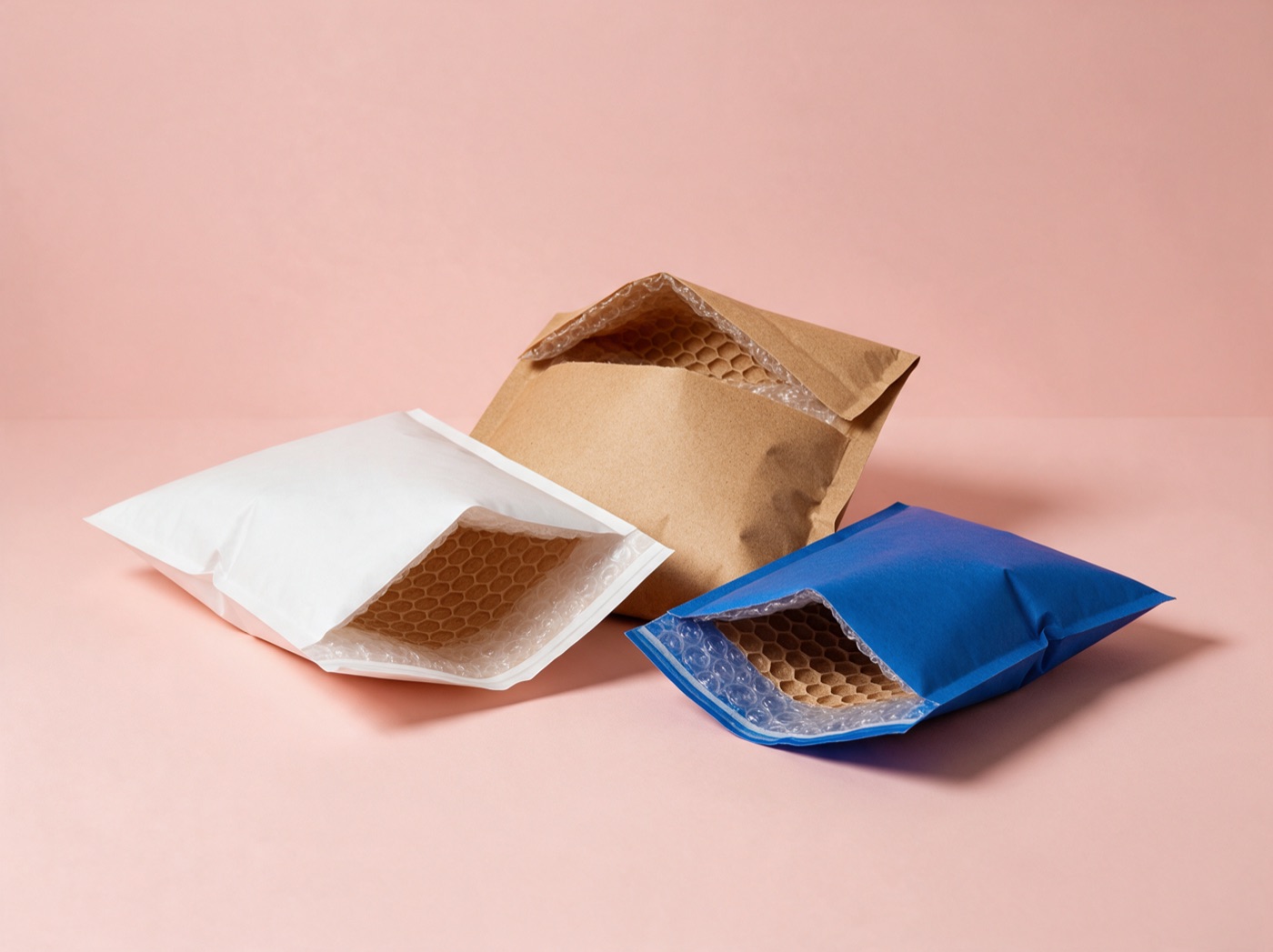 Padded mailing envelopes showing honeycomb and bubble lining, in kraft, white and cobalt
