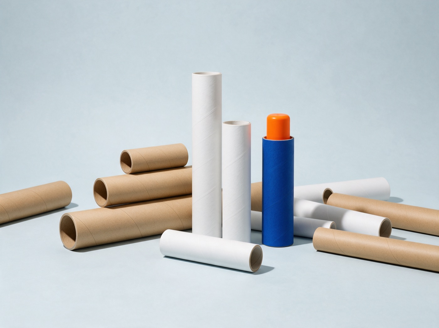 Spiral-wound mailing tubes of different lengths in kraft, white and cobalt